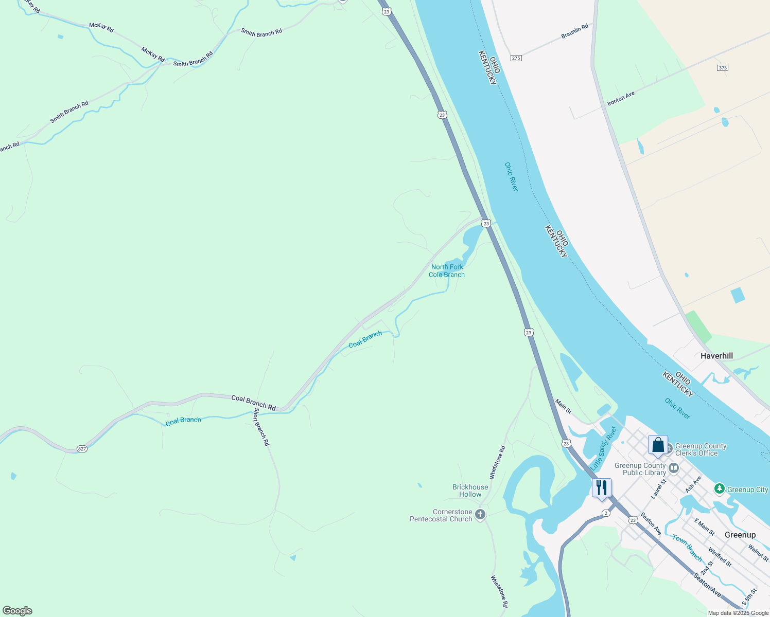 map of restaurants, bars, coffee shops, grocery stores, and more near Sonia Lane in Greenup