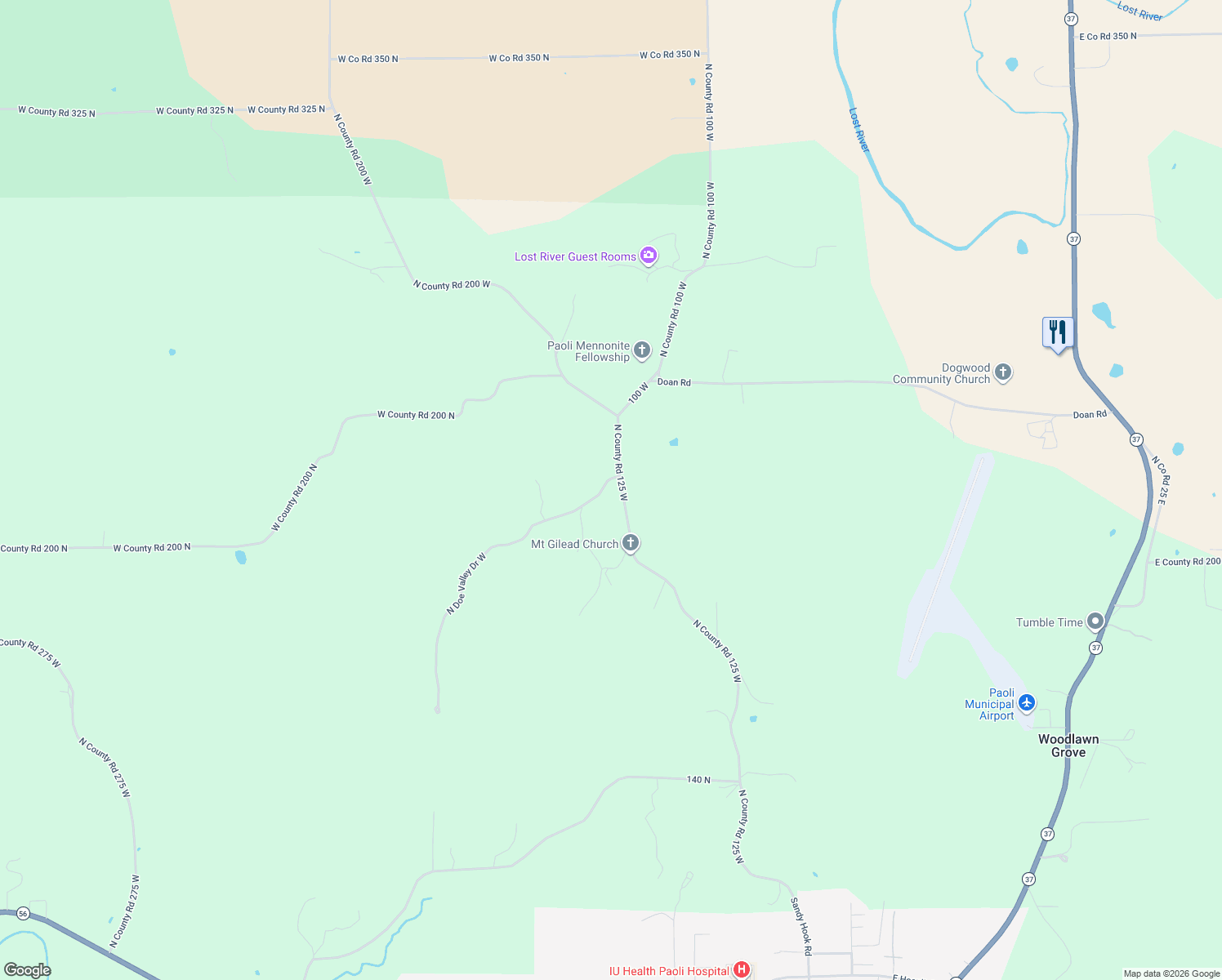 map of restaurants, bars, coffee shops, grocery stores, and more near 2099 North 125 West in Paoli