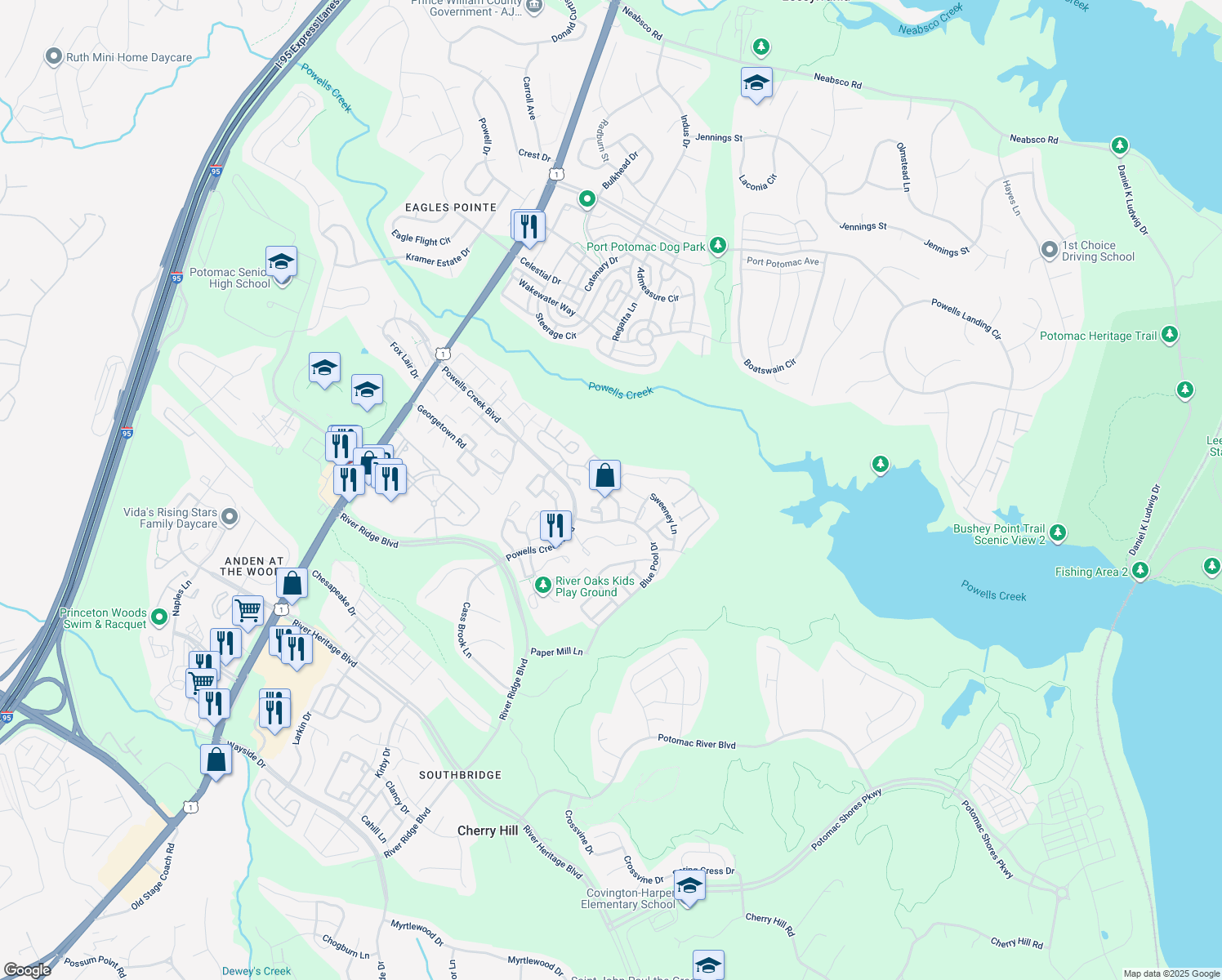 map of restaurants, bars, coffee shops, grocery stores, and more near 16843 Brandy Moor Loop in Woodbridge