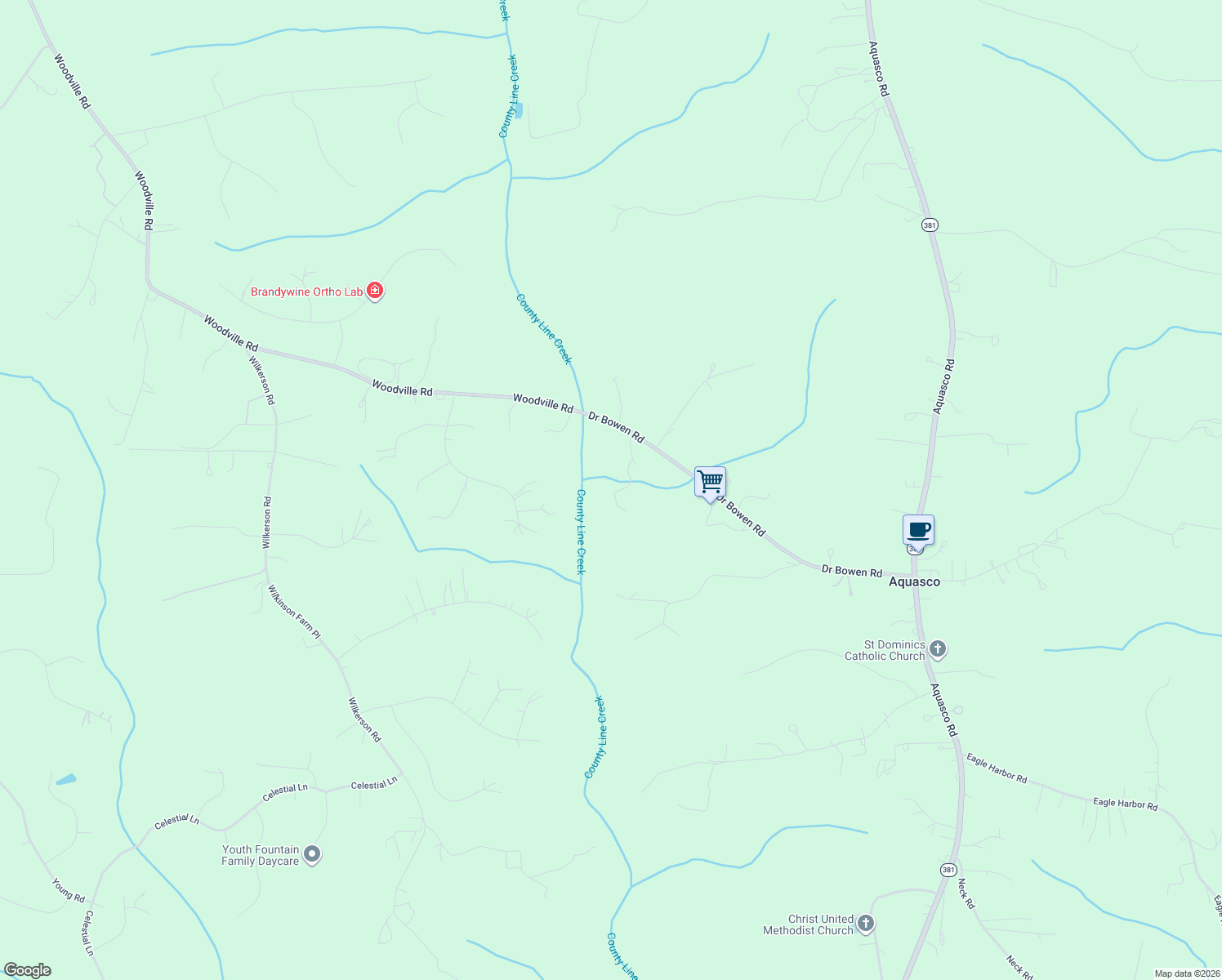 map of restaurants, bars, coffee shops, grocery stores, and more near 15407 Doctor Bowen Road in Brandywine