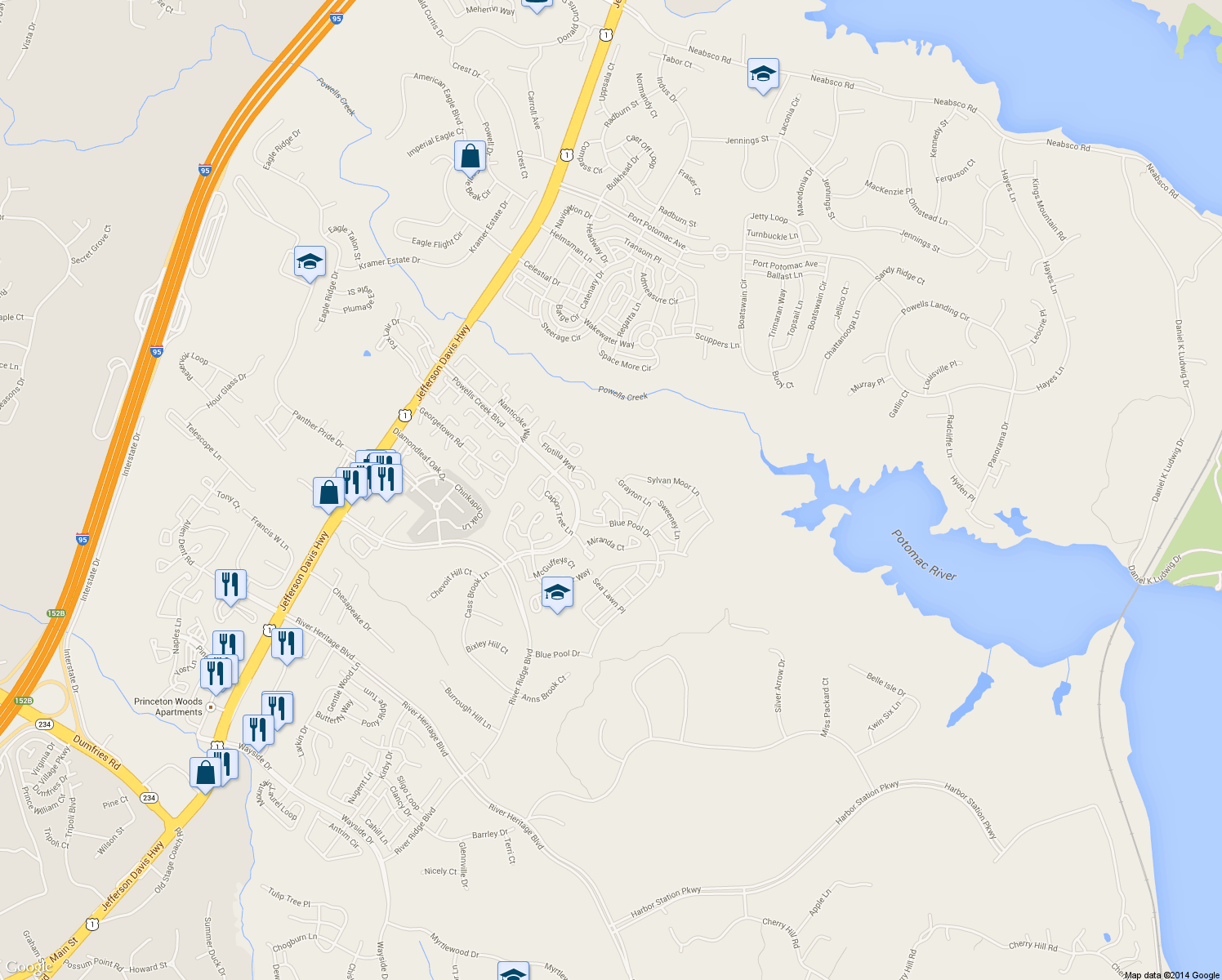 map of restaurants, bars, coffee shops, grocery stores, and more near 16837 Brandy Moor Loop in Woodbridge