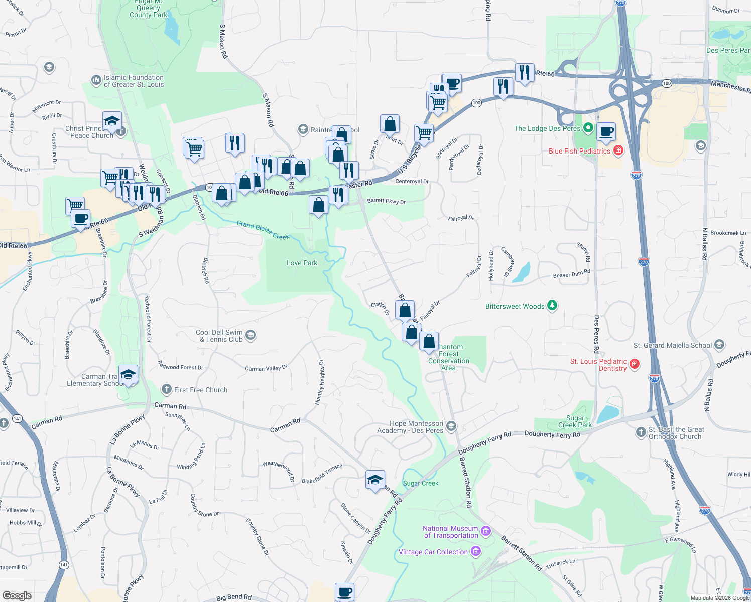 map of restaurants, bars, coffee shops, grocery stores, and more near 2432 Clarjon Drive in Ballwin