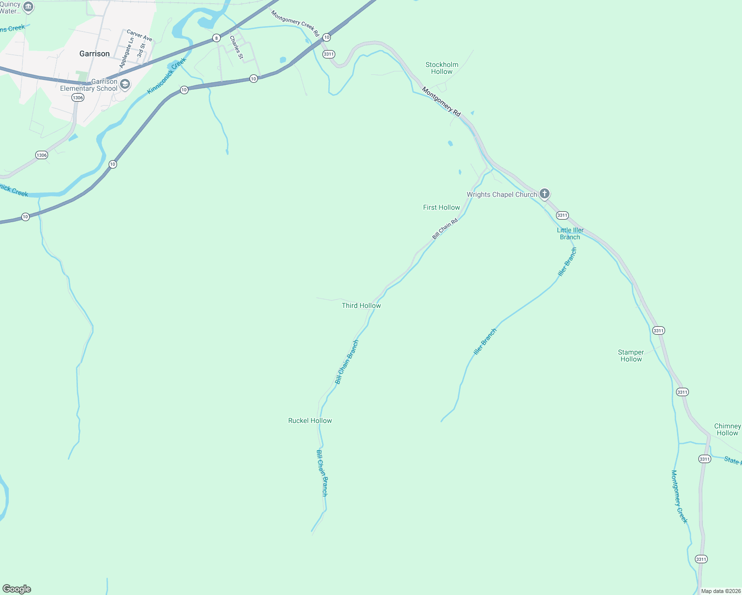 map of restaurants, bars, coffee shops, grocery stores, and more near 1004 Bill Chain Road in Garrison