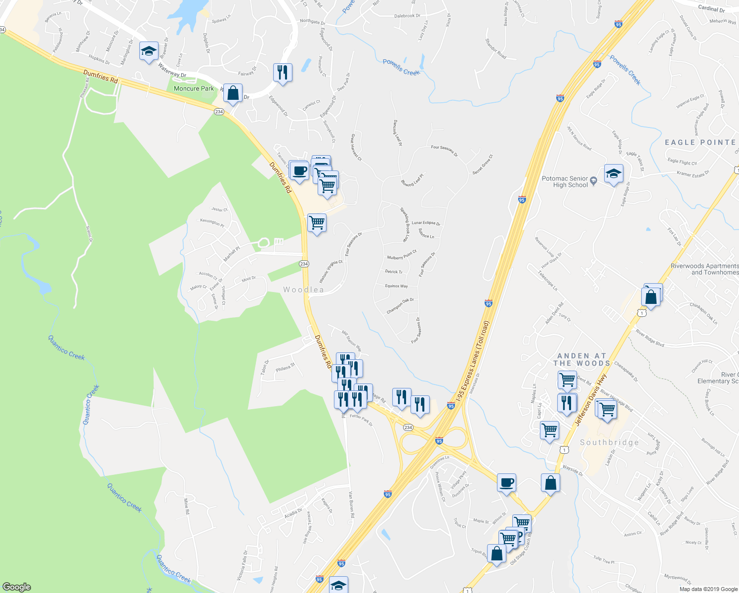 map of restaurants, bars, coffee shops, grocery stores, and more near 17597 Four Seasons Drive in Dumfries