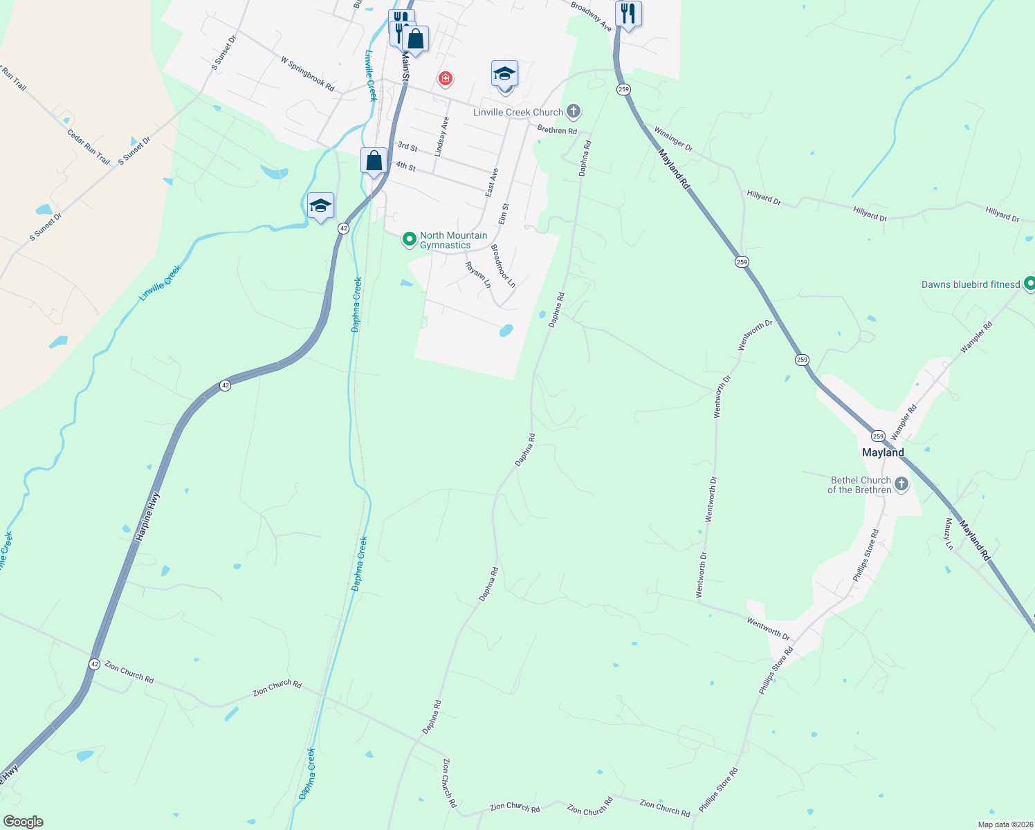 map of restaurants, bars, coffee shops, grocery stores, and more near 11393 Daphna Road in Broadway