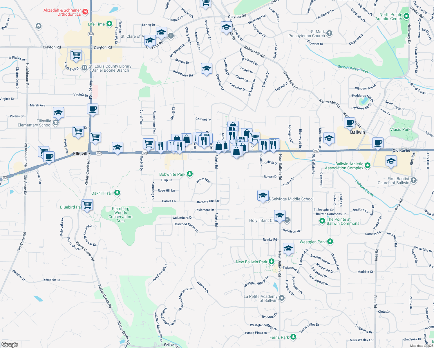map of restaurants, bars, coffee shops, grocery stores, and more near 31 Reinke Road in Ellisville