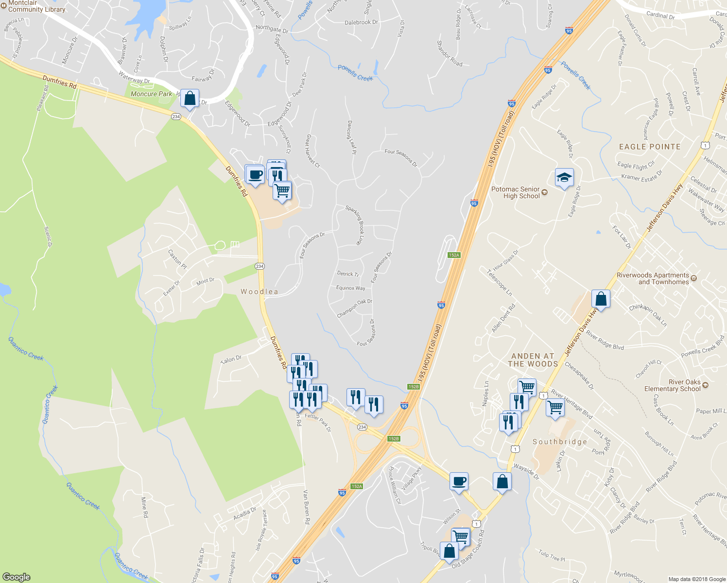 map of restaurants, bars, coffee shops, grocery stores, and more near 3756 Equinox Way in Dumfries