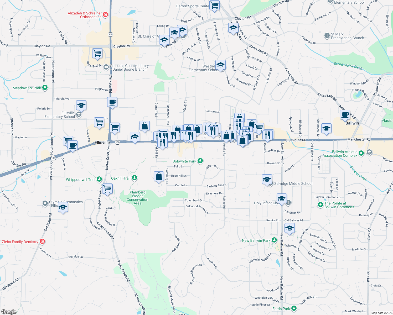 map of restaurants, bars, coffee shops, grocery stores, and more near 27 East Meadow Lane in Ellisville