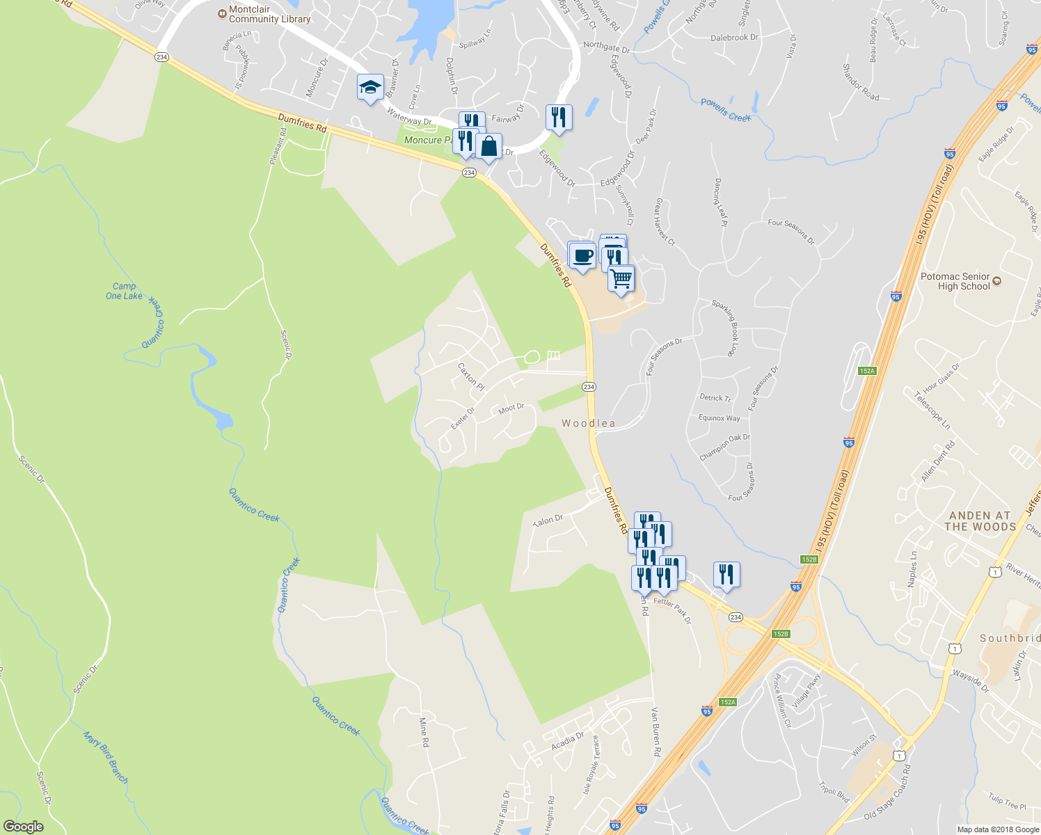 map of restaurants, bars, coffee shops, grocery stores, and more near 4257 Moot Drive in Dumfries