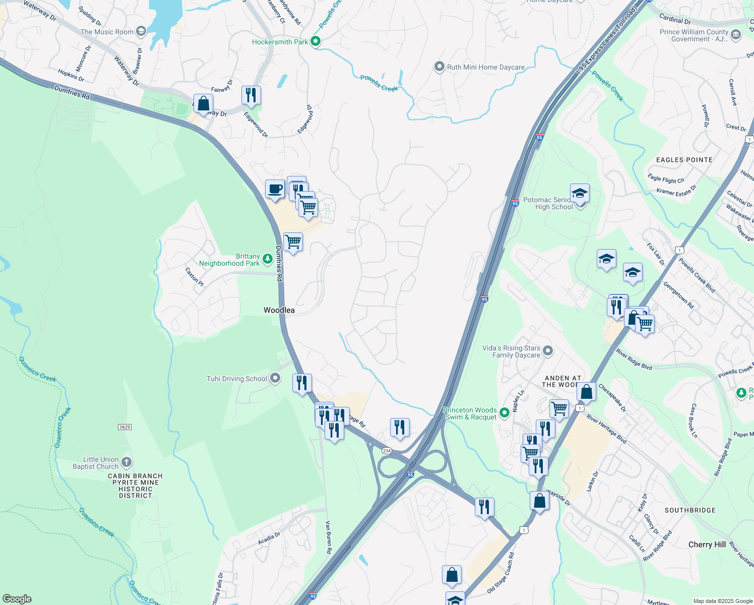 map of restaurants, bars, coffee shops, grocery stores, and more near 3741 Equinox Way in Dumfries