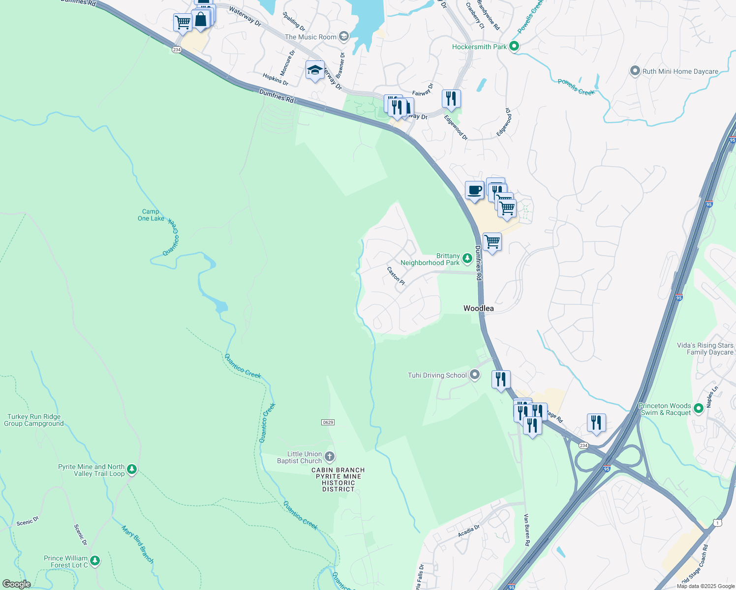 map of restaurants, bars, coffee shops, grocery stores, and more near 16602 Accolon Court in Dumfries