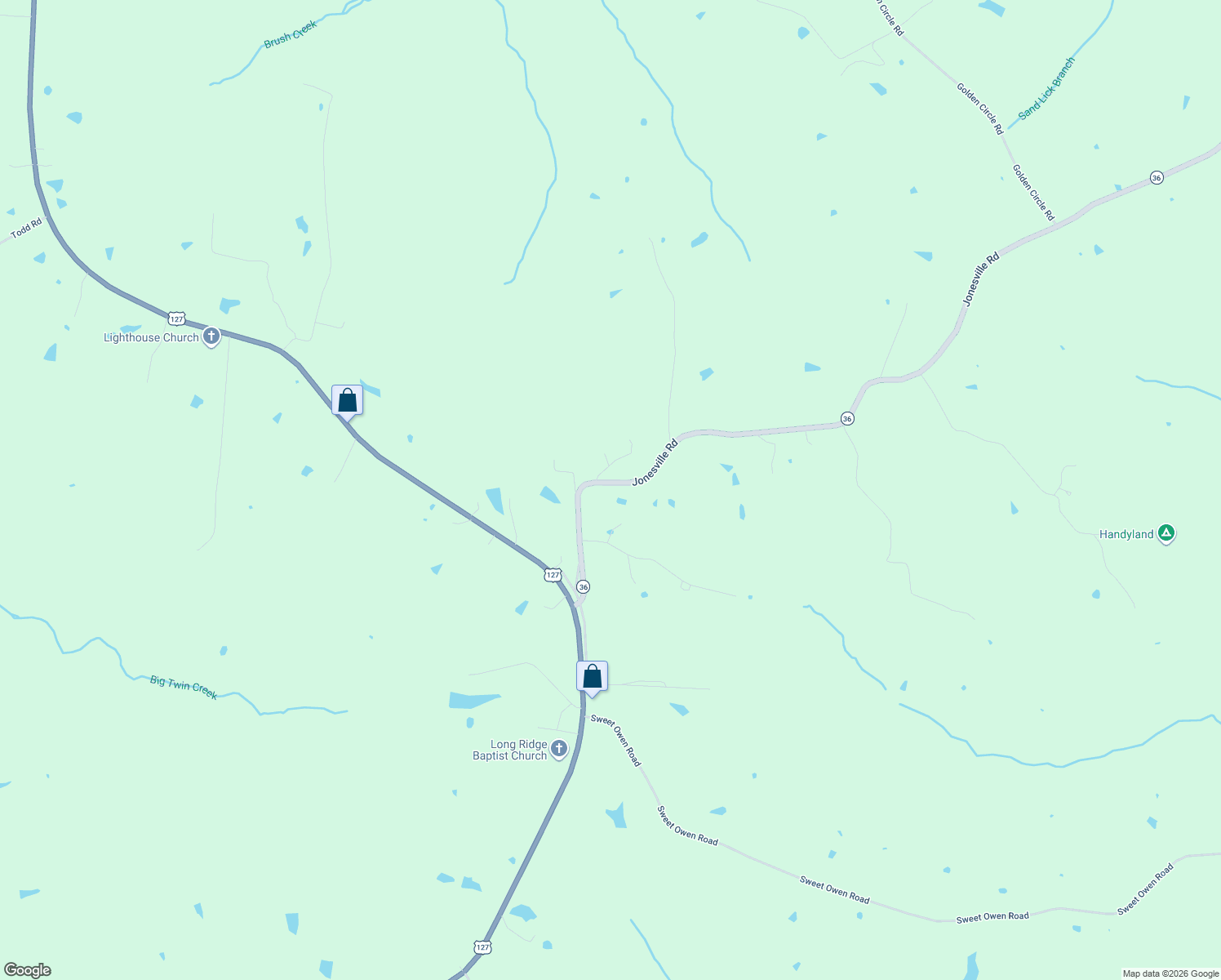 map of restaurants, bars, coffee shops, grocery stores, and more near Jonesville Road in Owenton