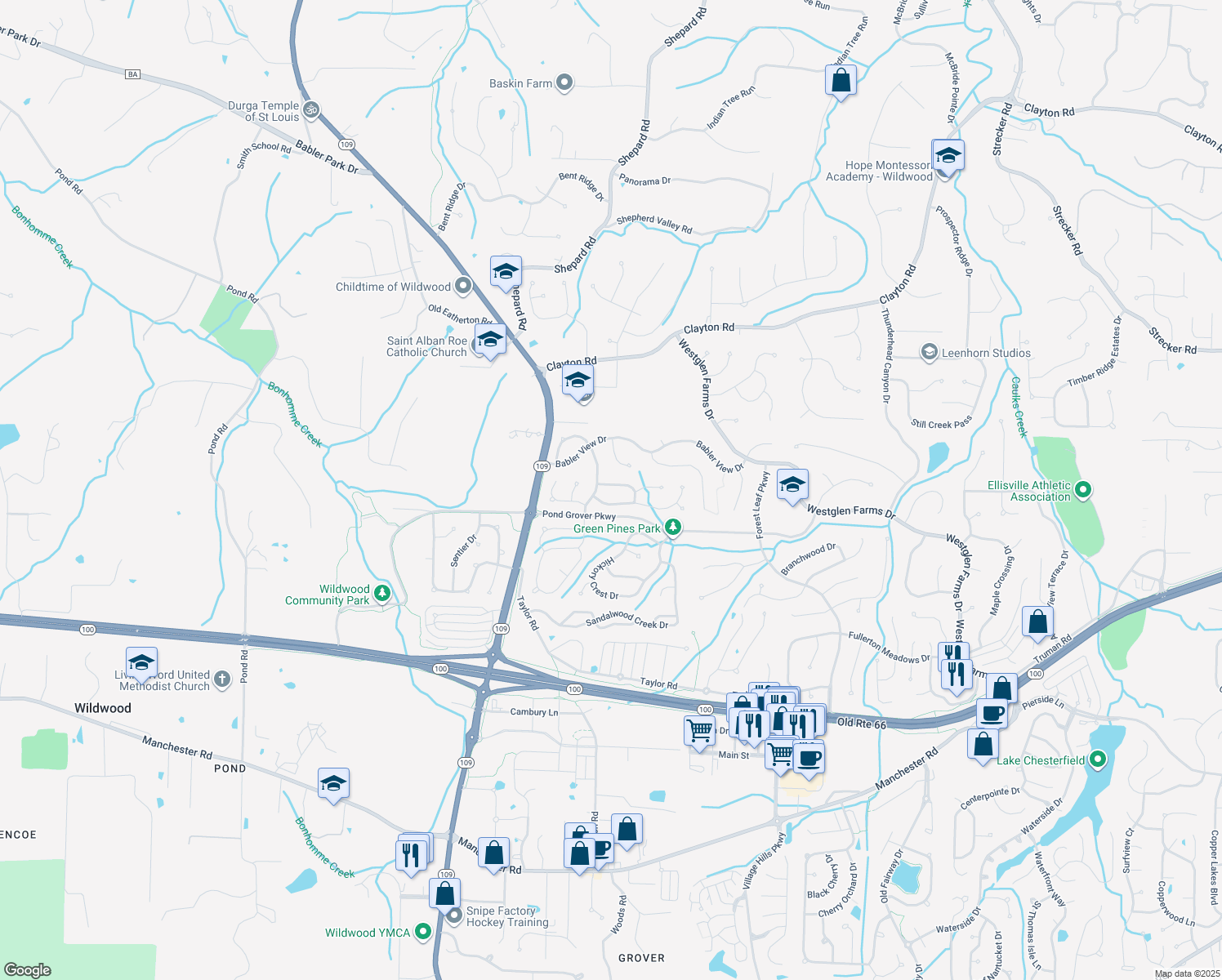 map of restaurants, bars, coffee shops, grocery stores, and more near 16838 Kingstowne Way Drive in Ballwin