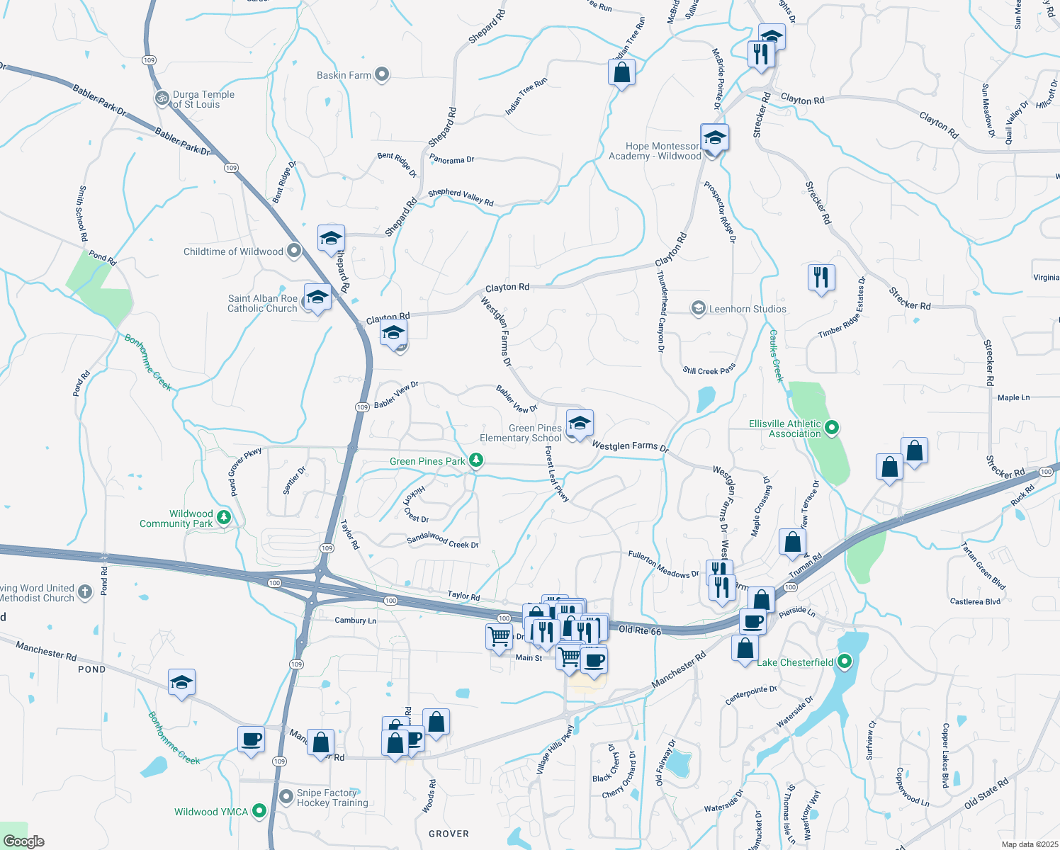 map of restaurants, bars, coffee shops, grocery stores, and more near 2319 Johnnycake Ridge Court in Ballwin