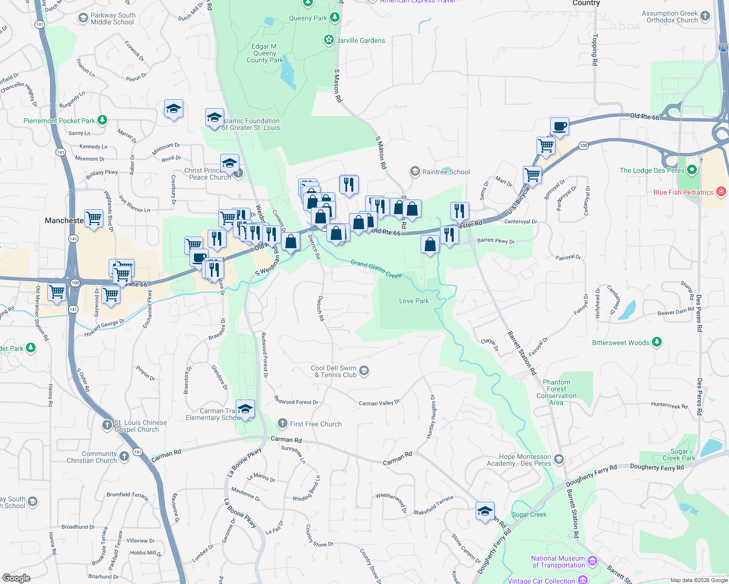 map of restaurants, bars, coffee shops, grocery stores, and more near 1569 Dietrich Pl Ct in Ballwin