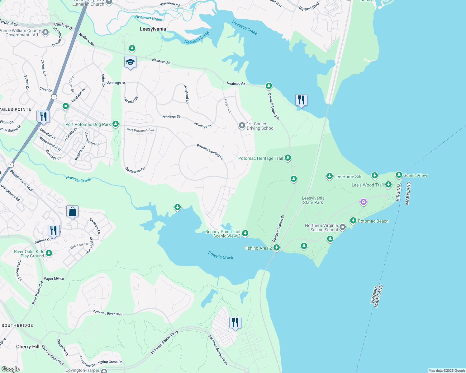 map of restaurants, bars, coffee shops, grocery stores, and more near 1708 Granville Court in Woodbridge