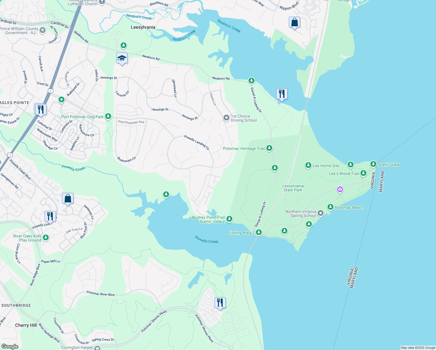 map of restaurants, bars, coffee shops, grocery stores, and more near 1708 Granville Court in Woodbridge