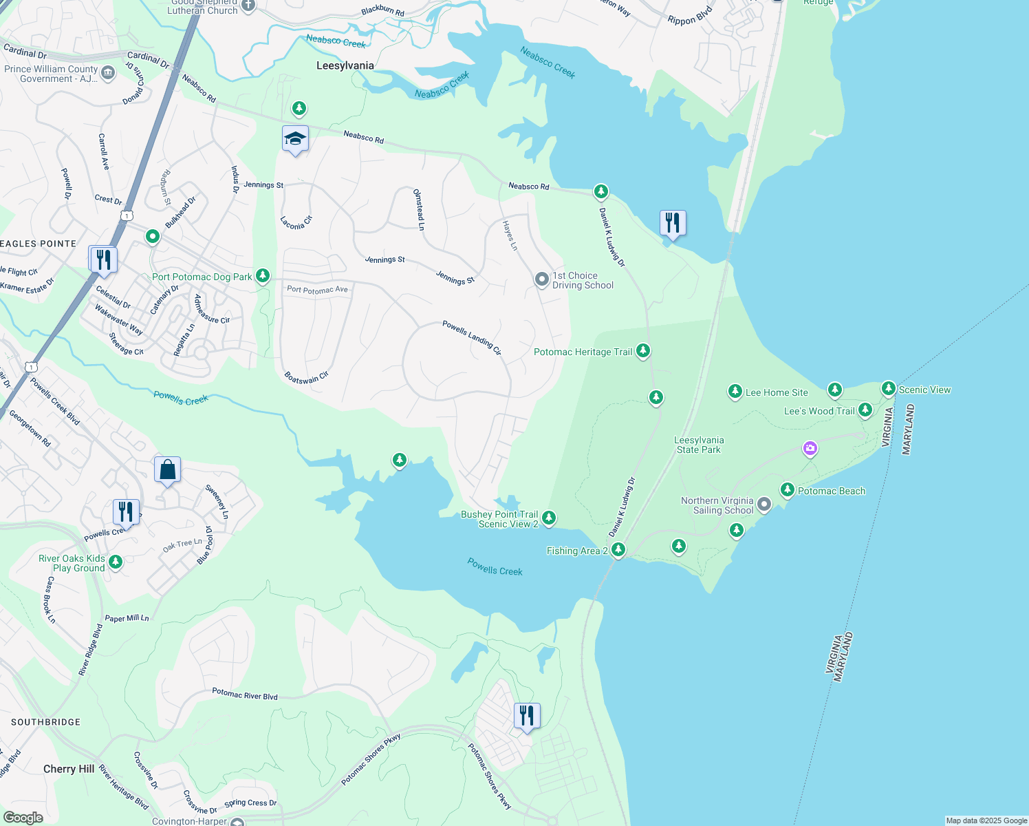 map of restaurants, bars, coffee shops, grocery stores, and more near 1720 Granville Court in Woodbridge