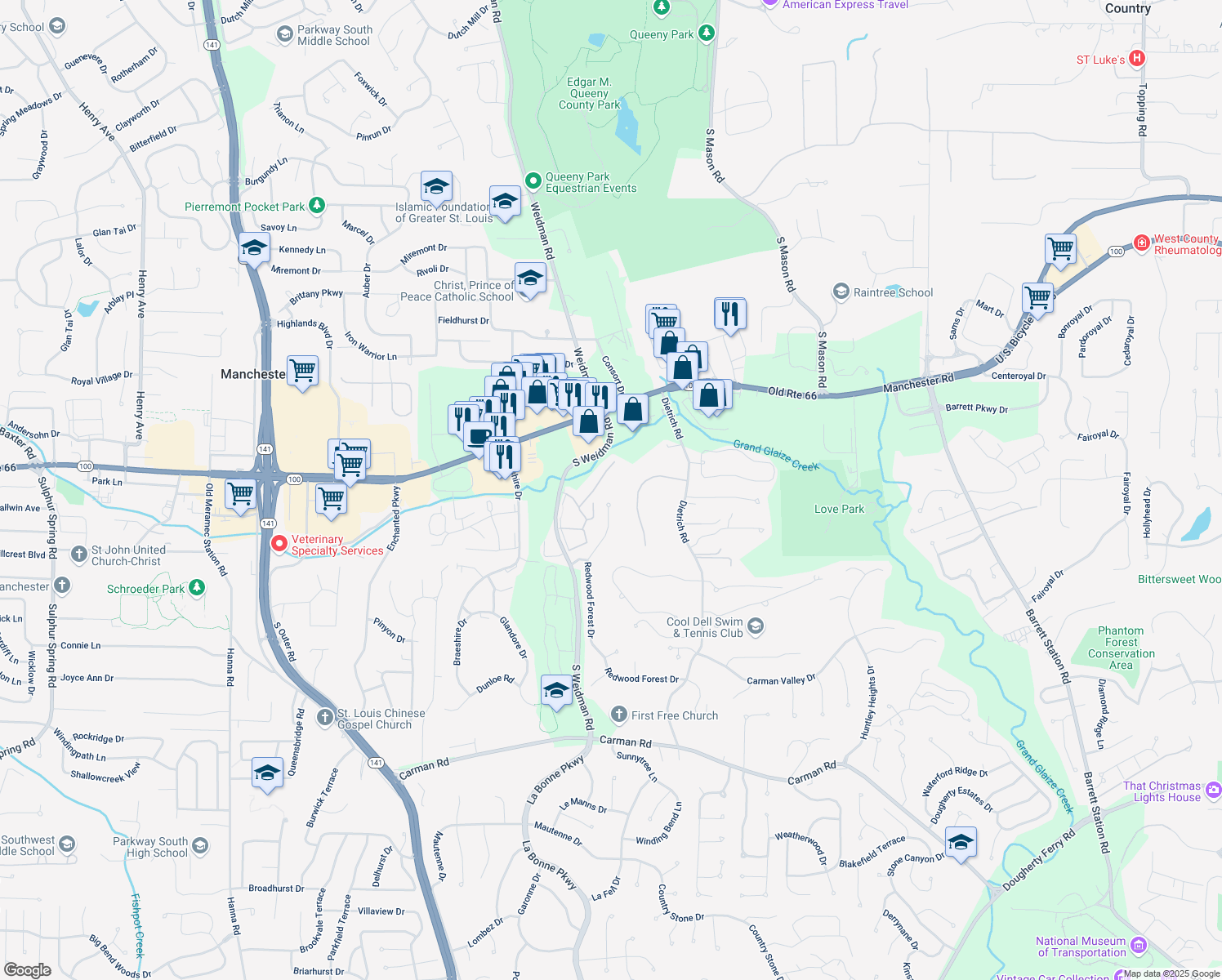 map of restaurants, bars, coffee shops, grocery stores, and more near 300 Redwood Forest Court in Ballwin