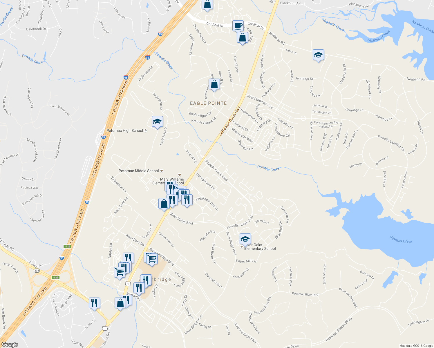 map of restaurants, bars, coffee shops, grocery stores, and more near 2850 Beechtree Lane in Woodbridge