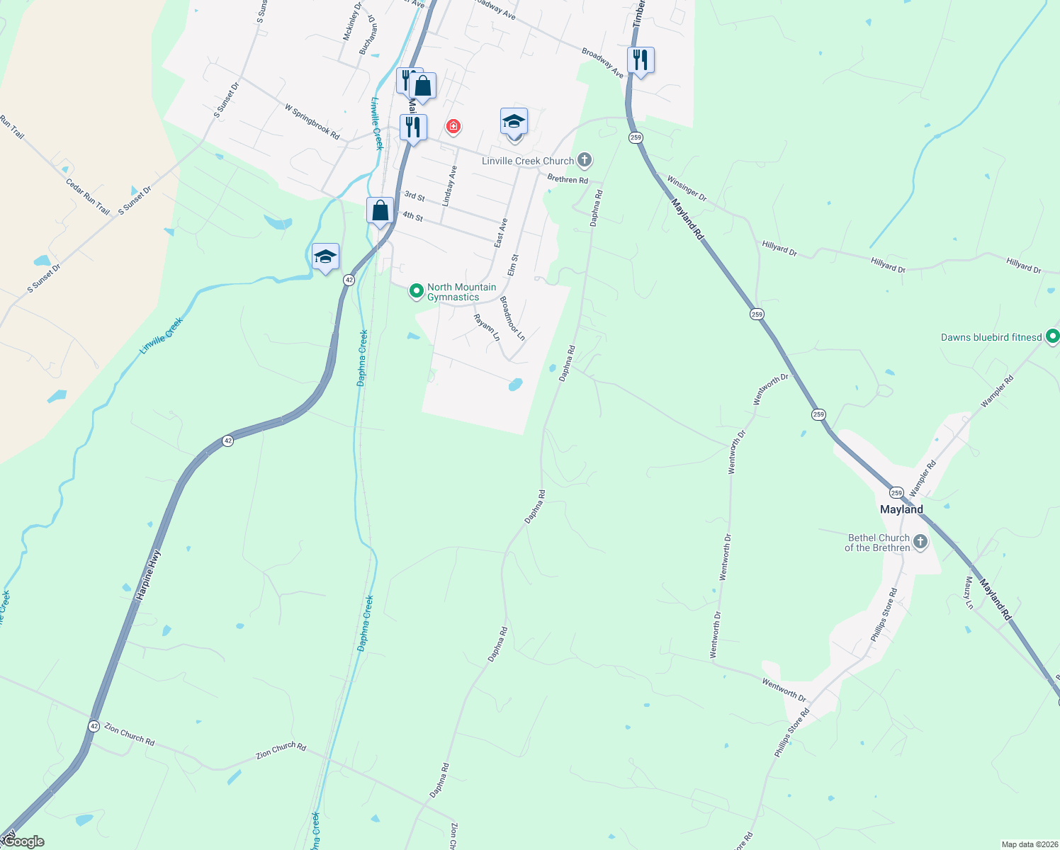 map of restaurants, bars, coffee shops, grocery stores, and more near 11393 Daphna Road in Broadway