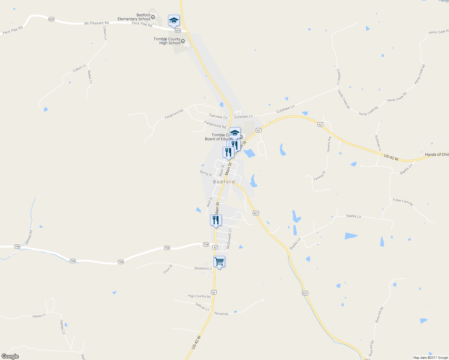 map of restaurants, bars, coffee shops, grocery stores, and more near U.S. 421 in Bedford