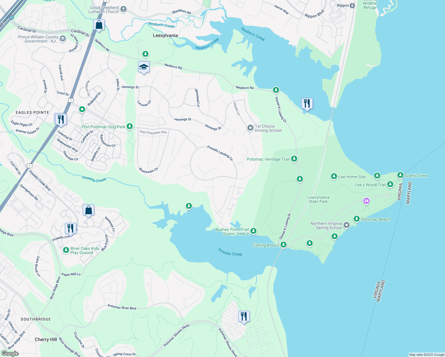 map of restaurants, bars, coffee shops, grocery stores, and more near 1889 Powells Landing Circle in Woodbridge