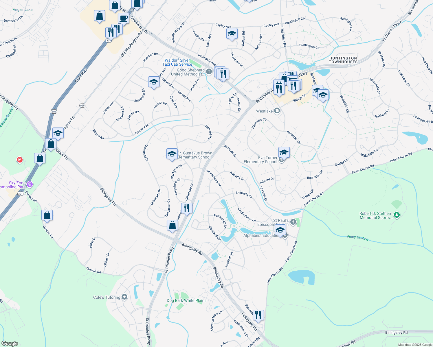 map of restaurants, bars, coffee shops, grocery stores, and more near 11613 Bardmoor Court in Waldorf