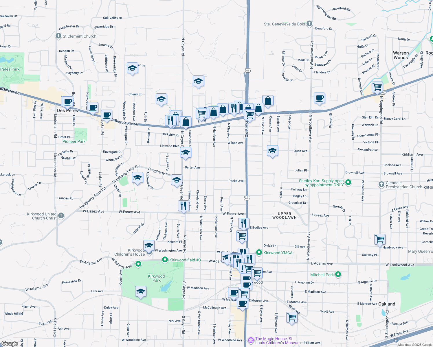 map of restaurants, bars, coffee shops, grocery stores, and more near 822 North Harrison Avenue in Kirkwood