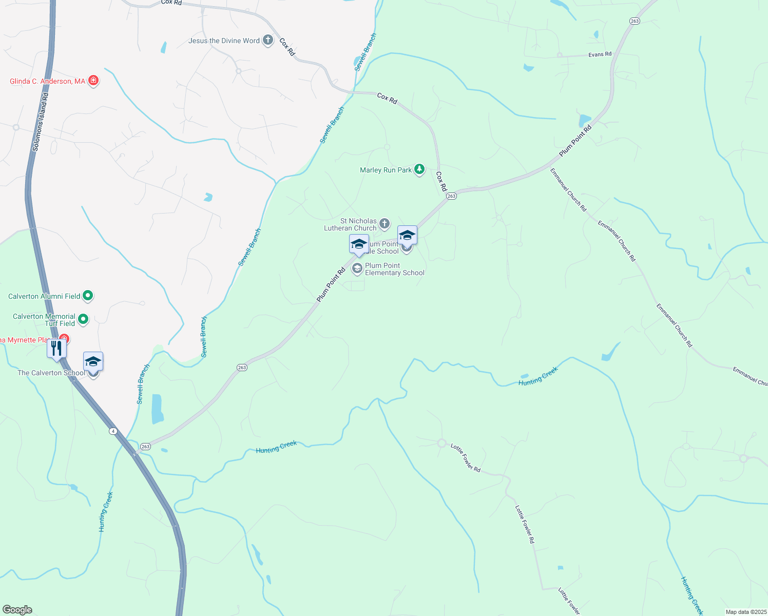 map of restaurants, bars, coffee shops, grocery stores, and more near 1475 Plum Point Road in Huntingtown