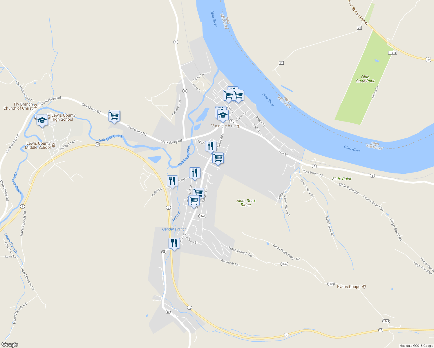 map of restaurants, bars, coffee shops, grocery stores, and more near 485 Walter Street in Vanceburg