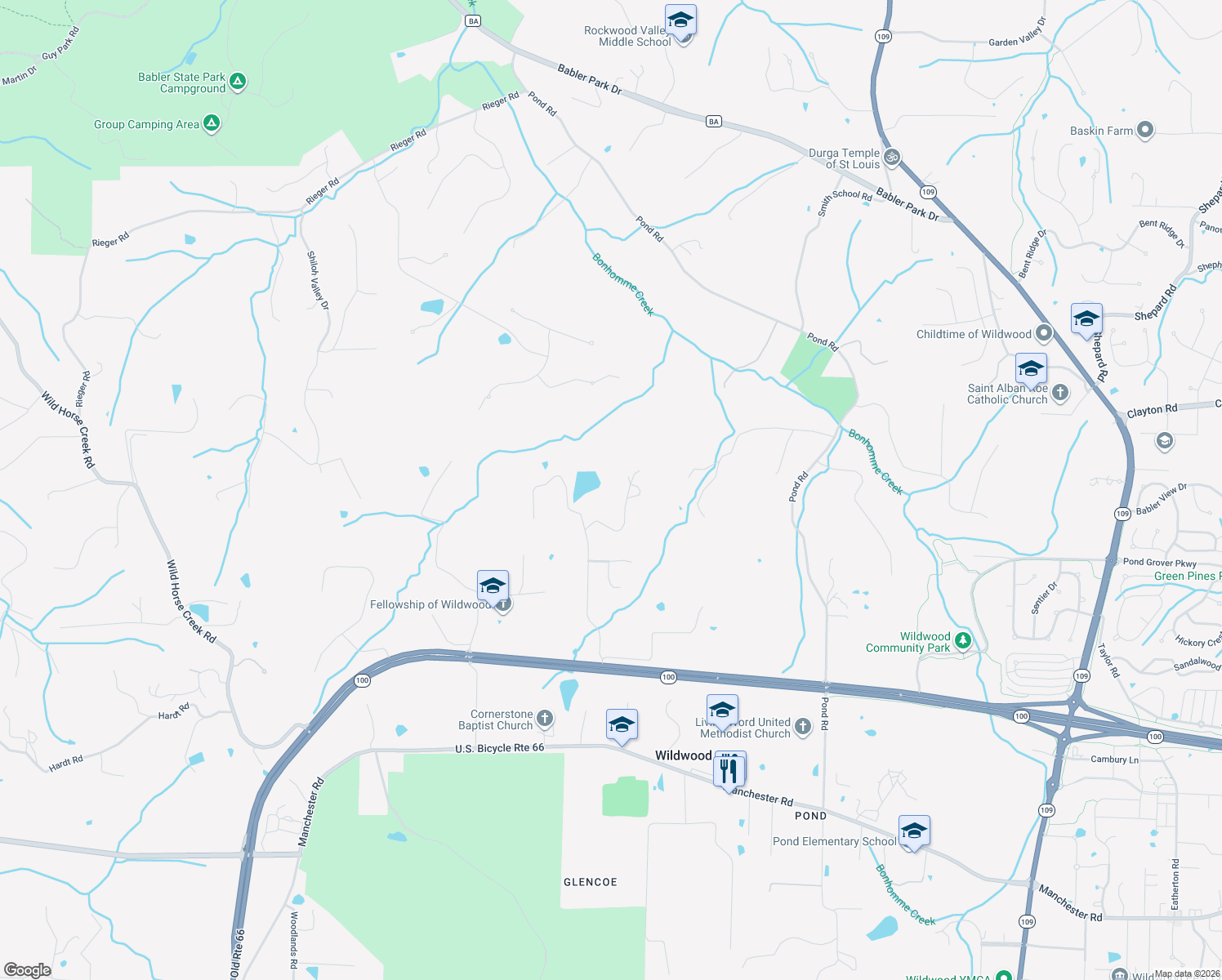map of restaurants, bars, coffee shops, grocery stores, and more near 2015 Wakefield Farm Road in Wildwood
