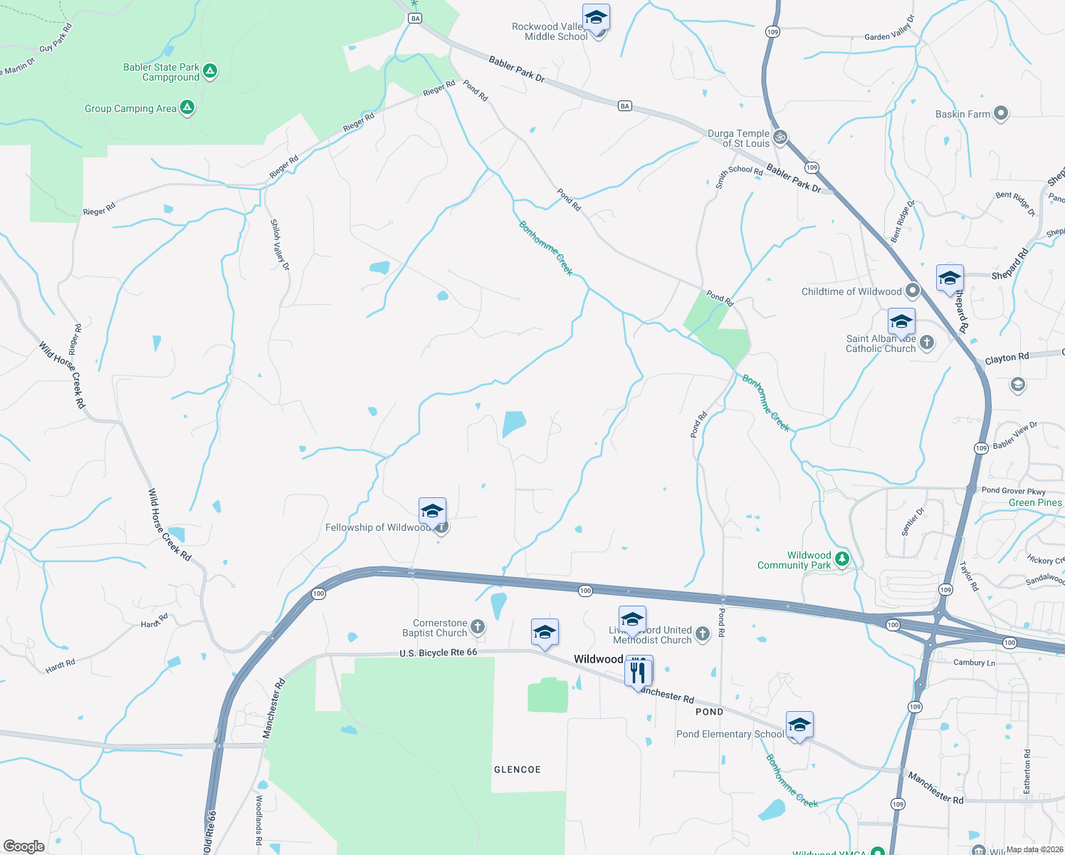 map of restaurants, bars, coffee shops, grocery stores, and more near 2015 Wakefield Farm Road in Wildwood