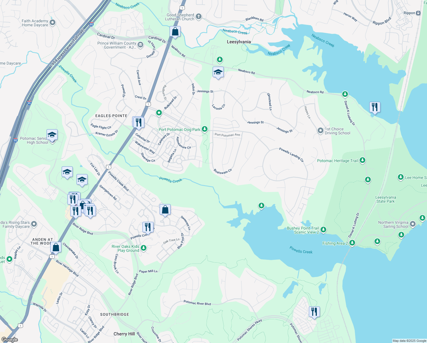 map of restaurants, bars, coffee shops, grocery stores, and more near 16435 Boatswain Circle in Woodbridge