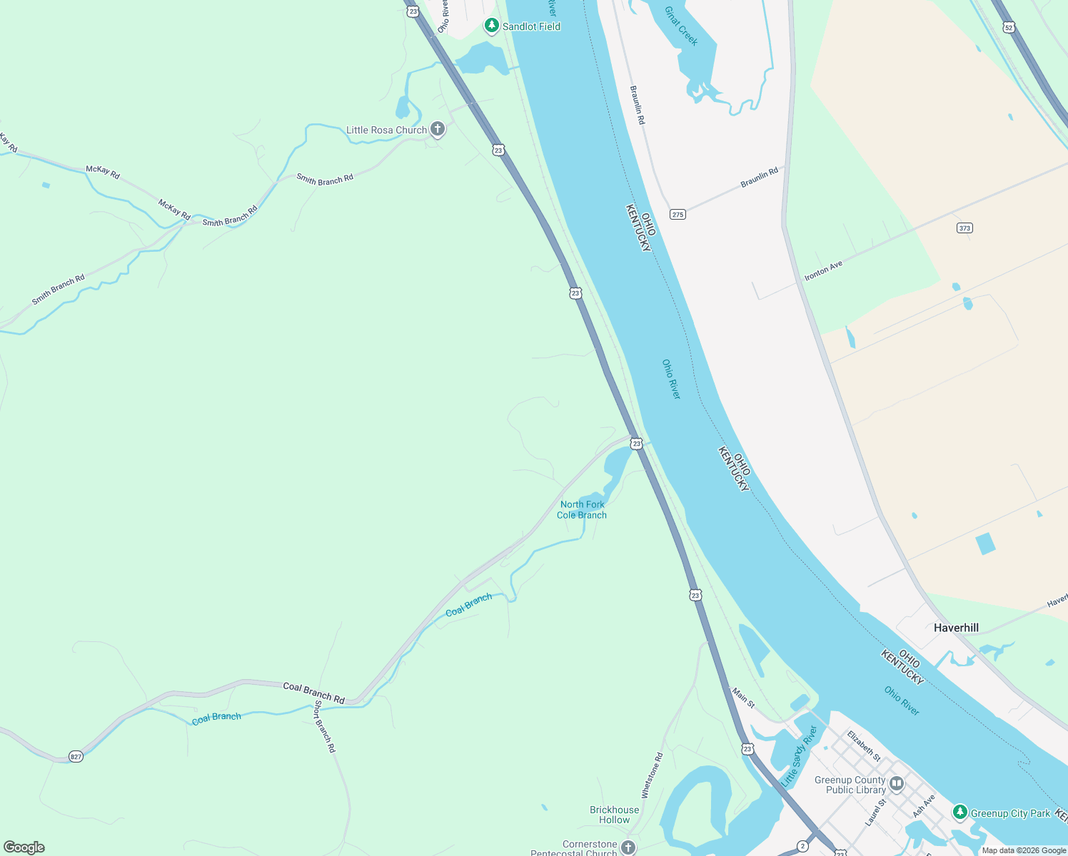 map of restaurants, bars, coffee shops, grocery stores, and more near 118 Tower Road in Greenup