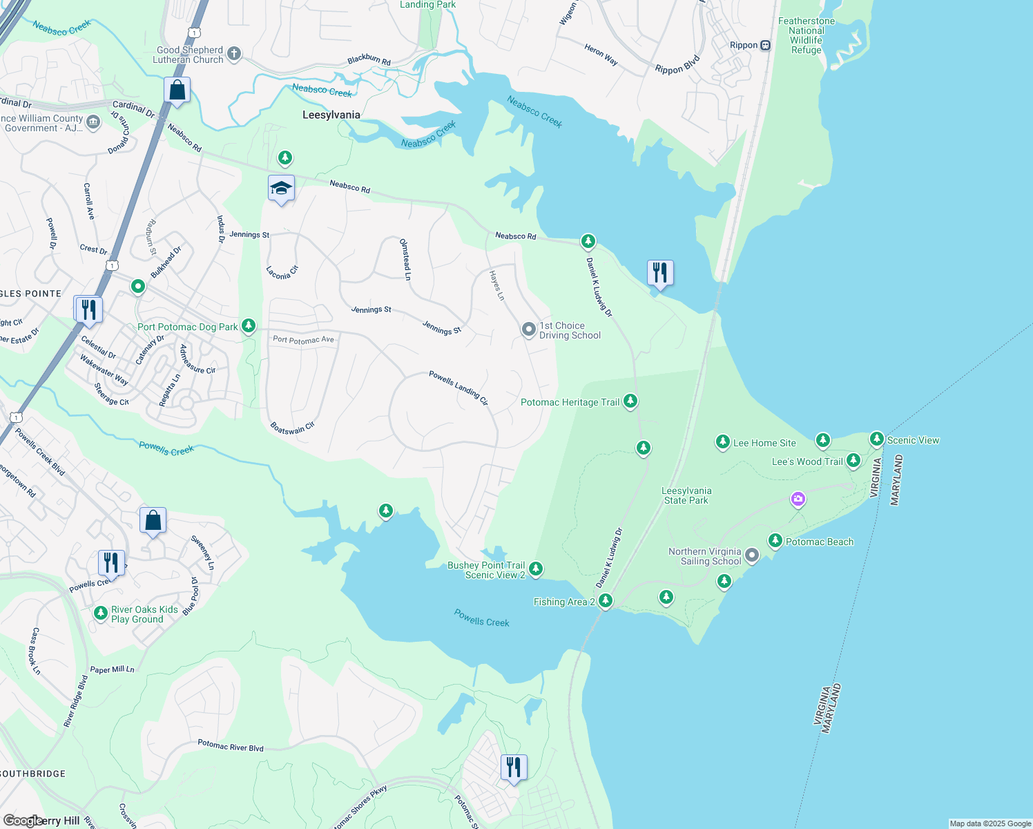 map of restaurants, bars, coffee shops, grocery stores, and more near 1792 Paducah Court in Woodbridge