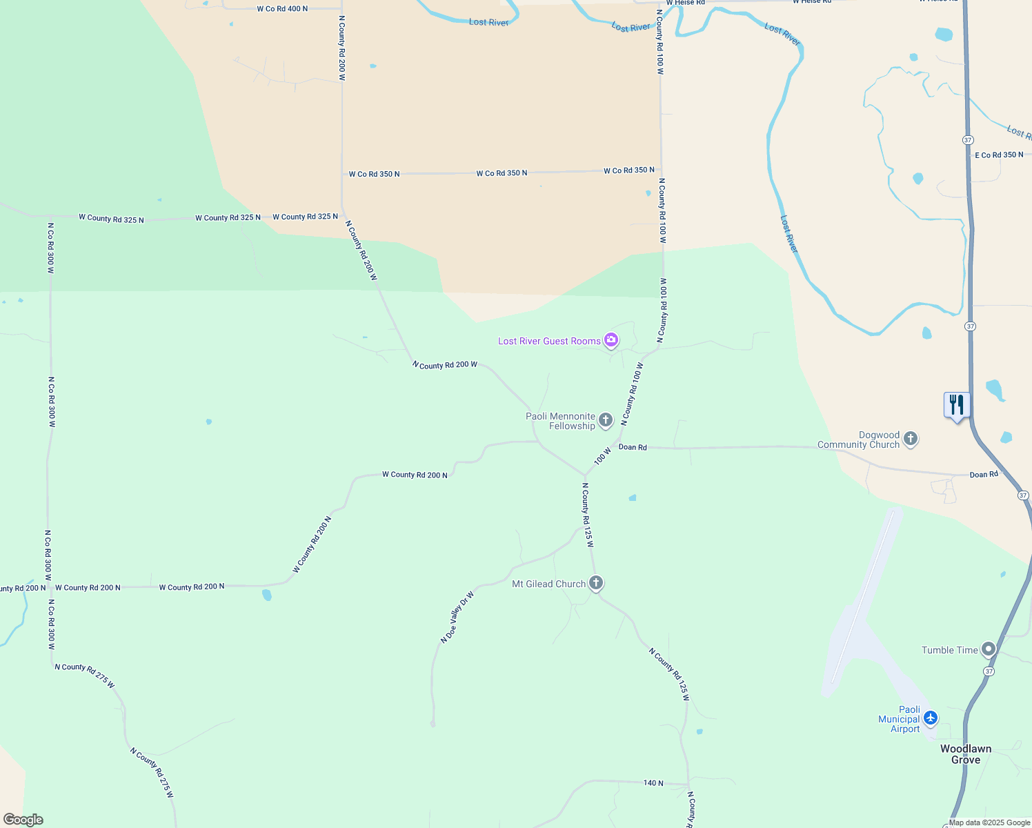 map of restaurants, bars, coffee shops, grocery stores, and more near 2506 North Co Road 200 West in Paoli