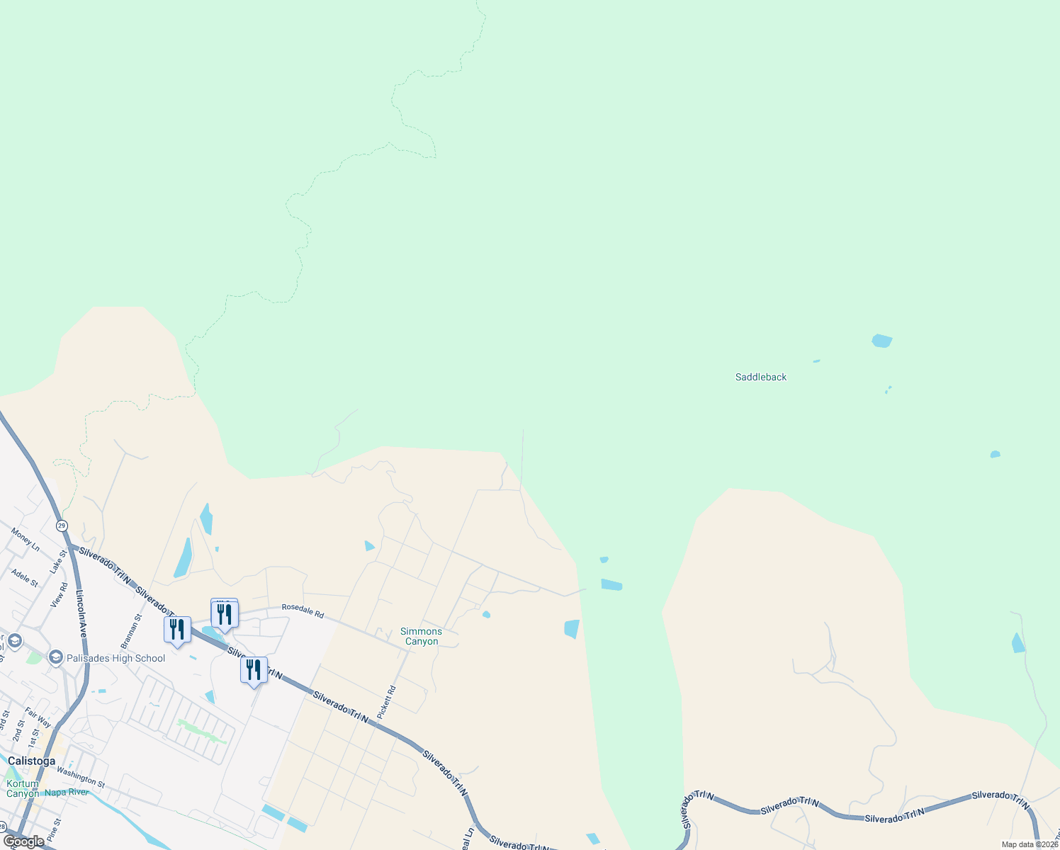 map of restaurants, bars, coffee shops, grocery stores, and more near 2395 Pickett Road in Calistoga