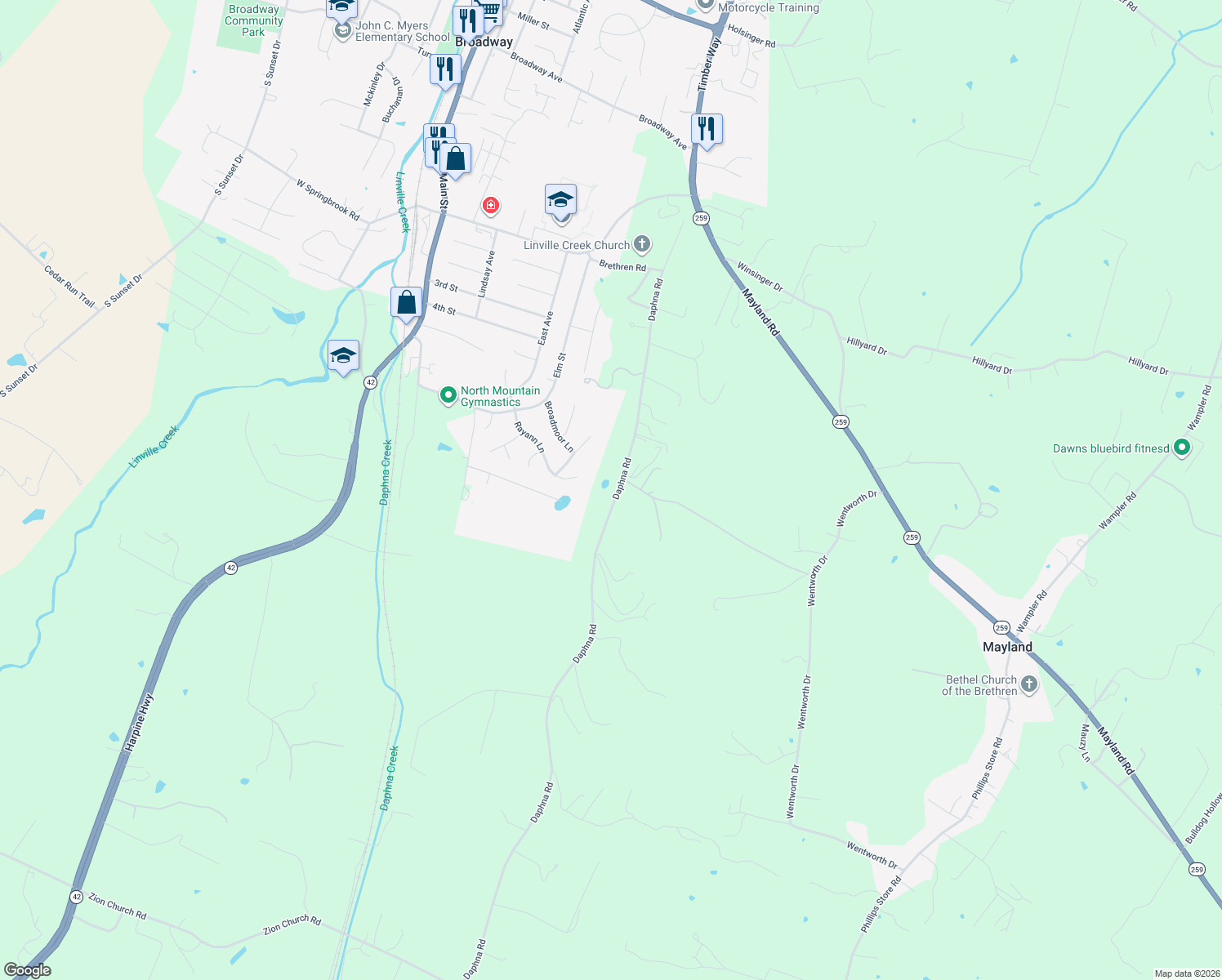 map of restaurants, bars, coffee shops, grocery stores, and more near 11559 Daphna Road in Broadway