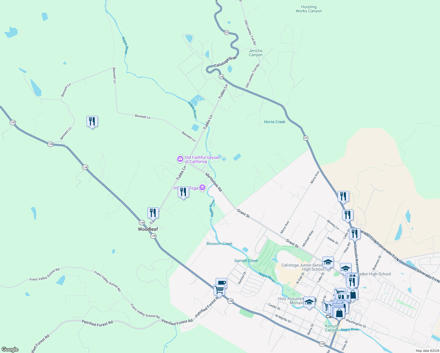map of restaurants, bars, coffee shops, grocery stores, and more near 3048 Myrtledale Road in Calistoga
