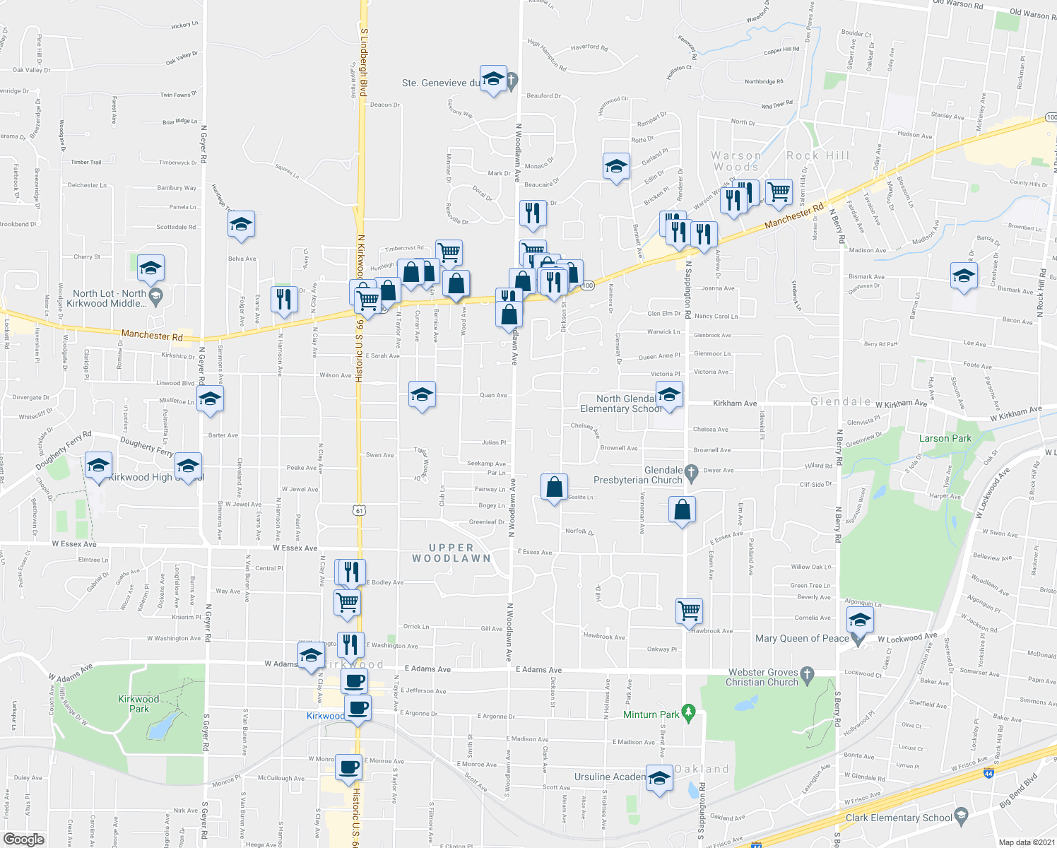 map of restaurants, bars, coffee shops, grocery stores, and more near 858 Doerwood Court in Kirkwood