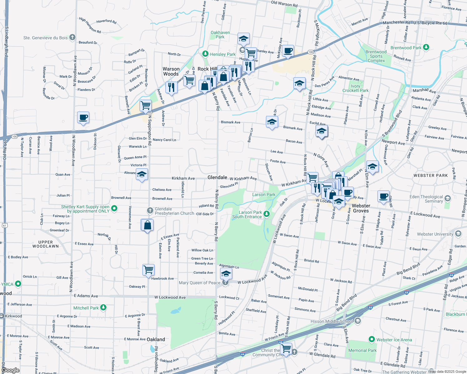 map of restaurants, bars, coffee shops, grocery stores, and more near 730 Glenvista Place in St. Louis