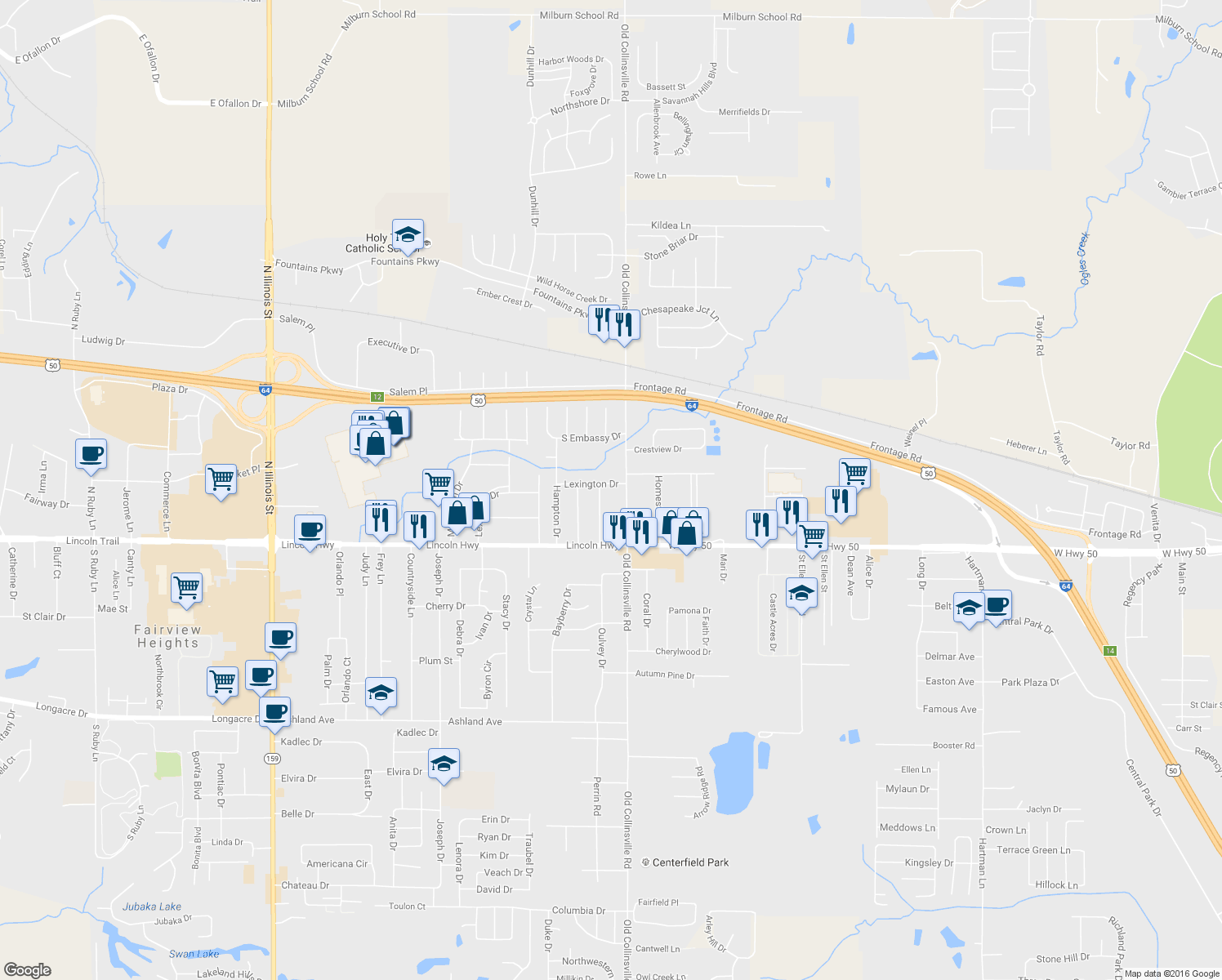 map of restaurants, bars, coffee shops, grocery stores, and more near 304 Lexington Drive in Fairview Heights