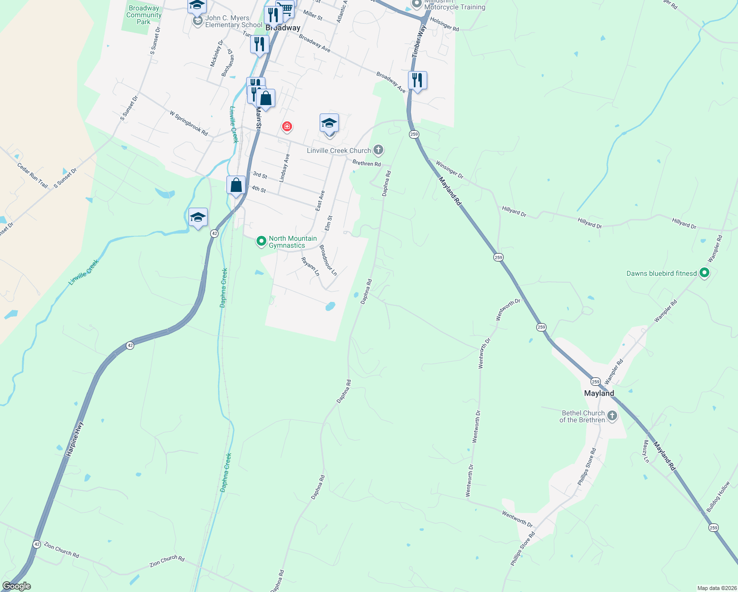 map of restaurants, bars, coffee shops, grocery stores, and more near 11559 Daphna Rd in Broadway