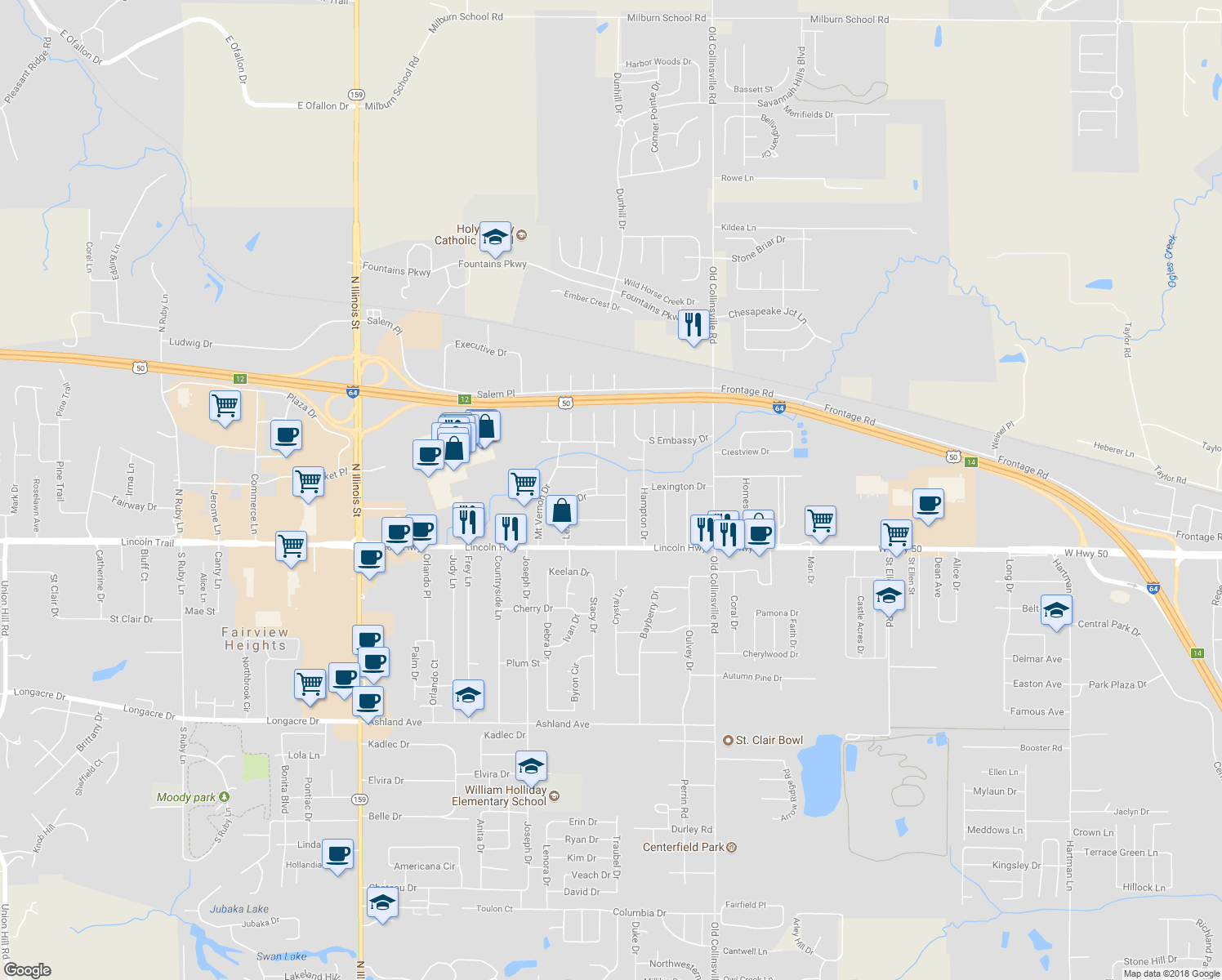 map of restaurants, bars, coffee shops, grocery stores, and more near 32 Lexington Drive in Fairview Heights