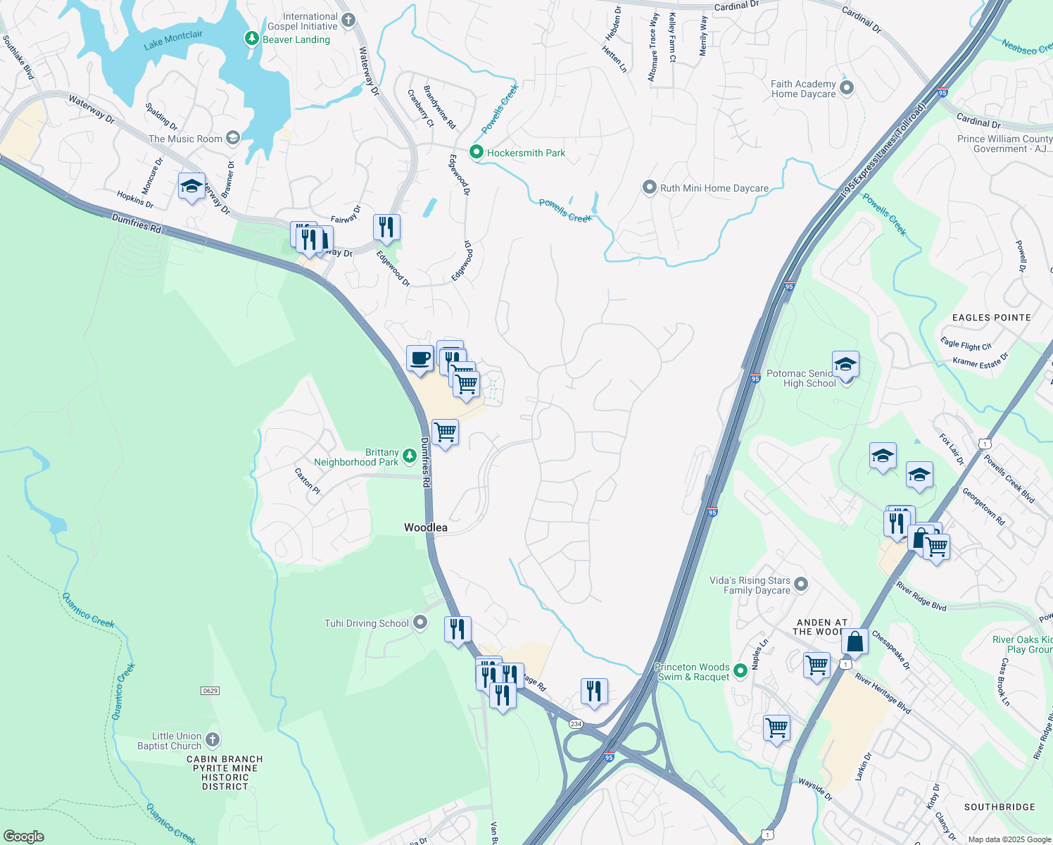 map of restaurants, bars, coffee shops, grocery stores, and more near 16771 4 Seasons Drive in Dumfries