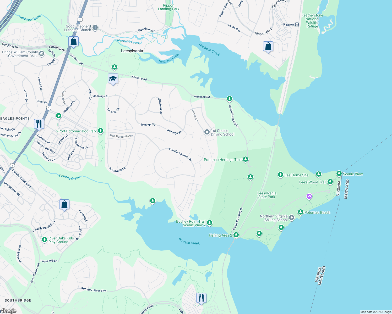 map of restaurants, bars, coffee shops, grocery stores, and more near 1809 Efty Court in Woodbridge