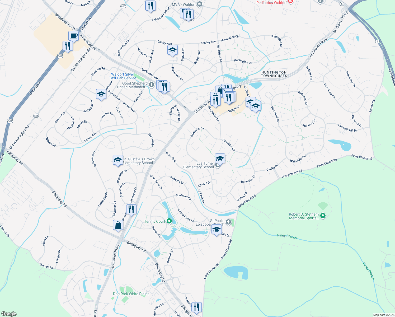 map of restaurants, bars, coffee shops, grocery stores, and more near 1756 Brightwell Court in Waldorf