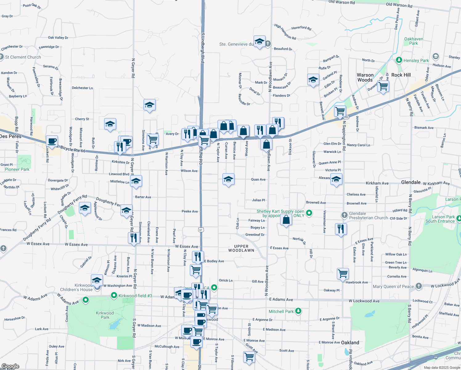 map of restaurants, bars, coffee shops, grocery stores, and more near 230 Quan Avenue in Saint Louis