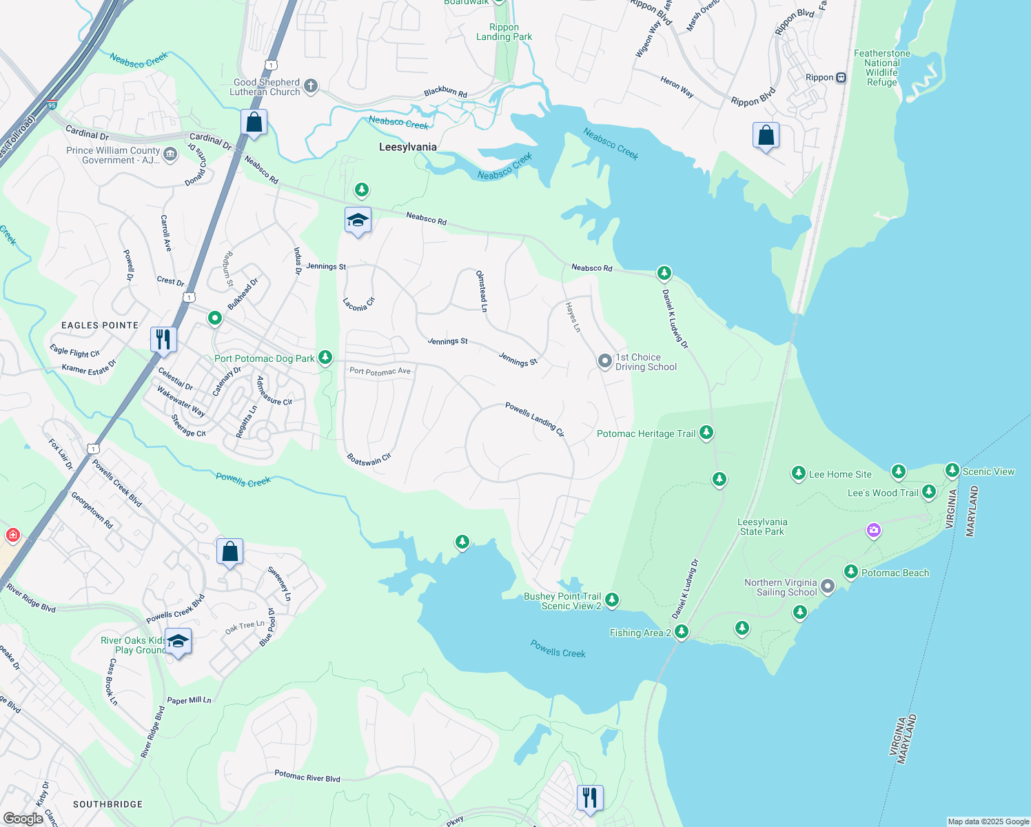 map of restaurants, bars, coffee shops, grocery stores, and more near 2042 Powells Landing Circle in Woodbridge